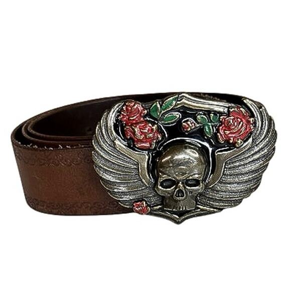 Nine West Accessories - Vintage Y2K Nine West skull & roses brown leather belt & buckle biker motorcycle